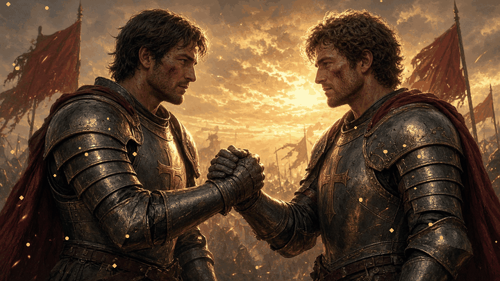Two armored brothers clasping hands on a battlefield at sunrise