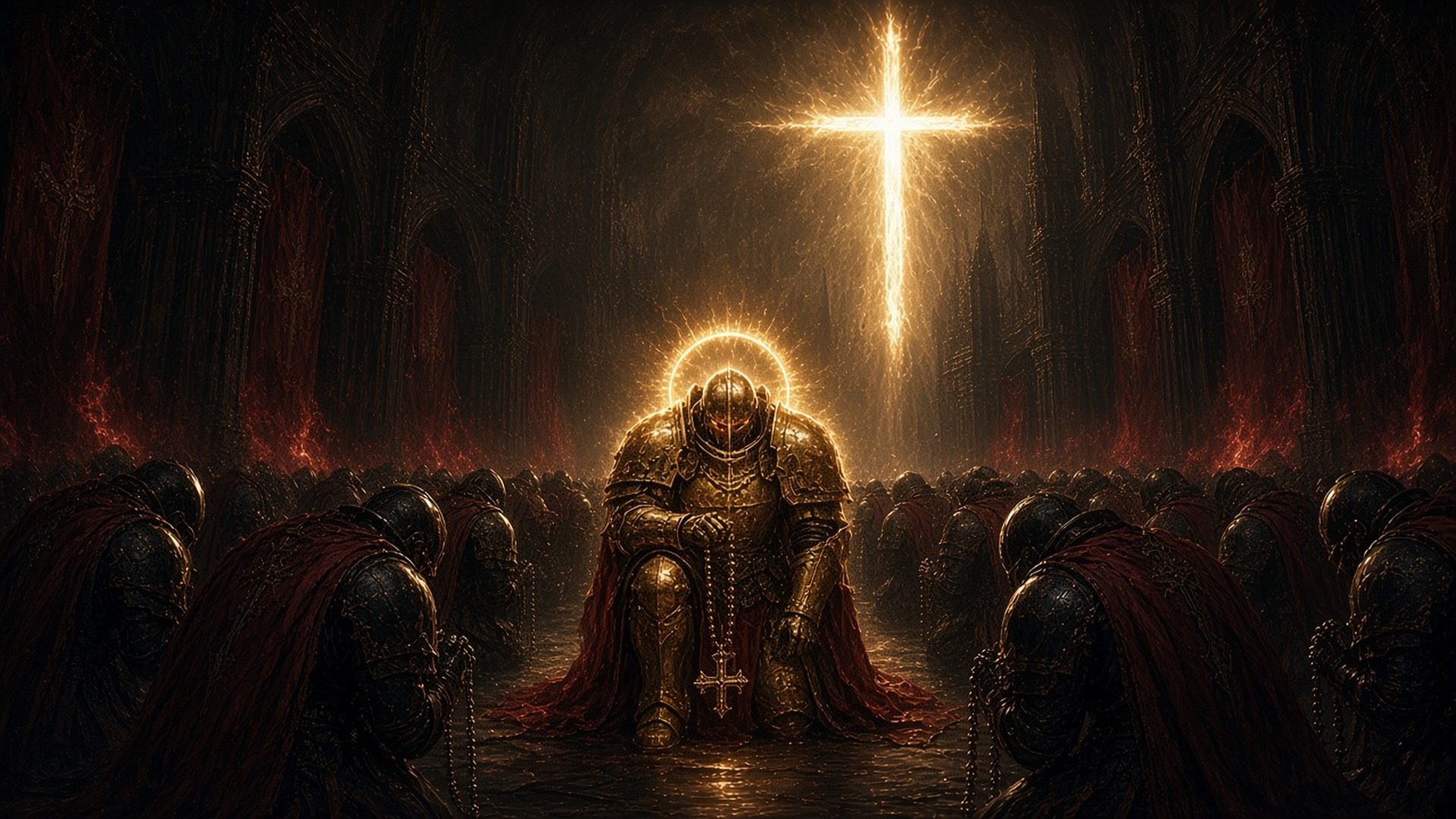 ChapterMasterDuff in golden armor of light, kneeling as an equal among the brothers beneath a cross of light