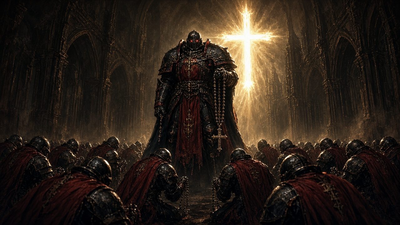 A black-and-red armored knight-priest holding a rosary as soldiers kneel in prayer before a cross of light